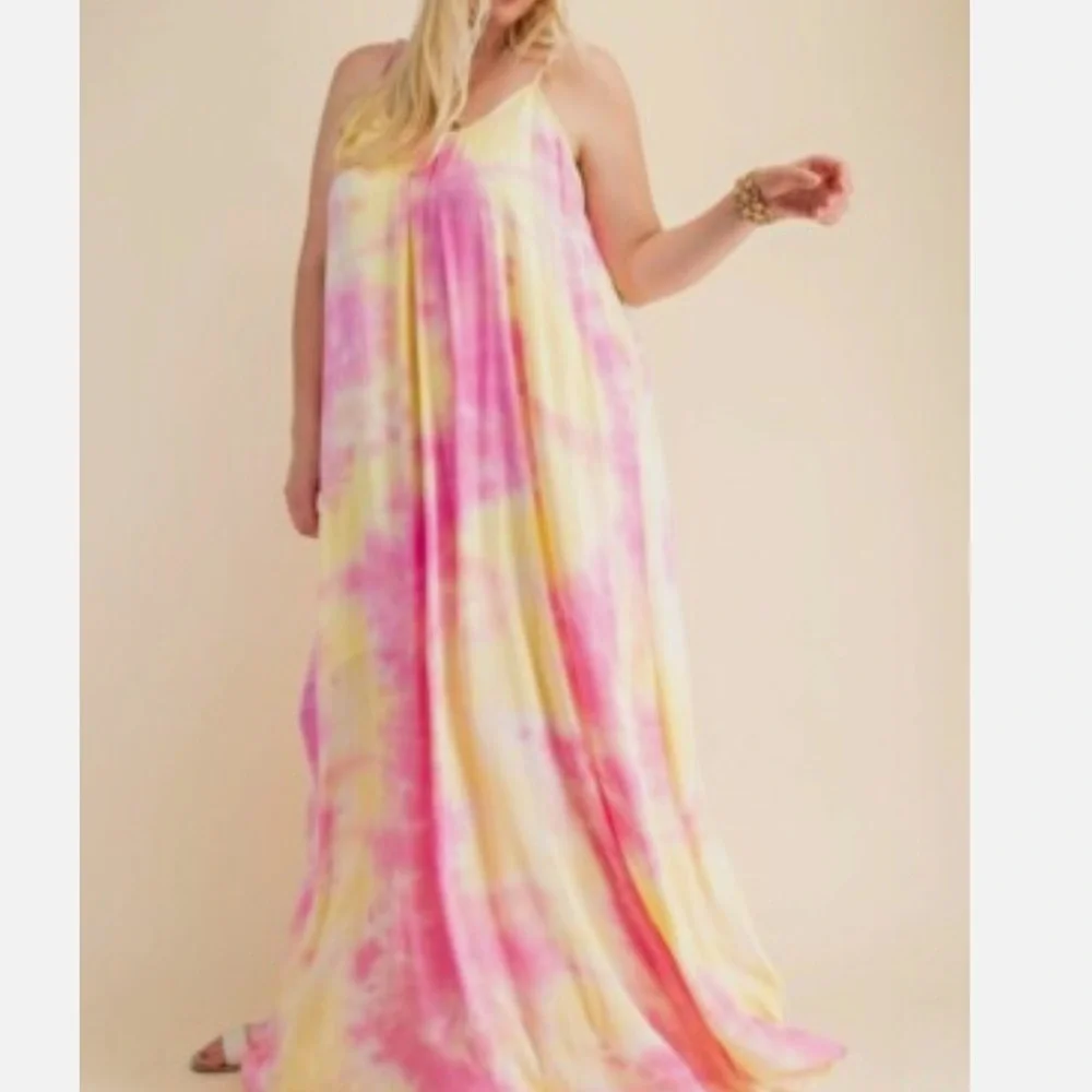 Boho Pink and Yellow Tie-Dye Maxi Dress - Picture 4 of 8